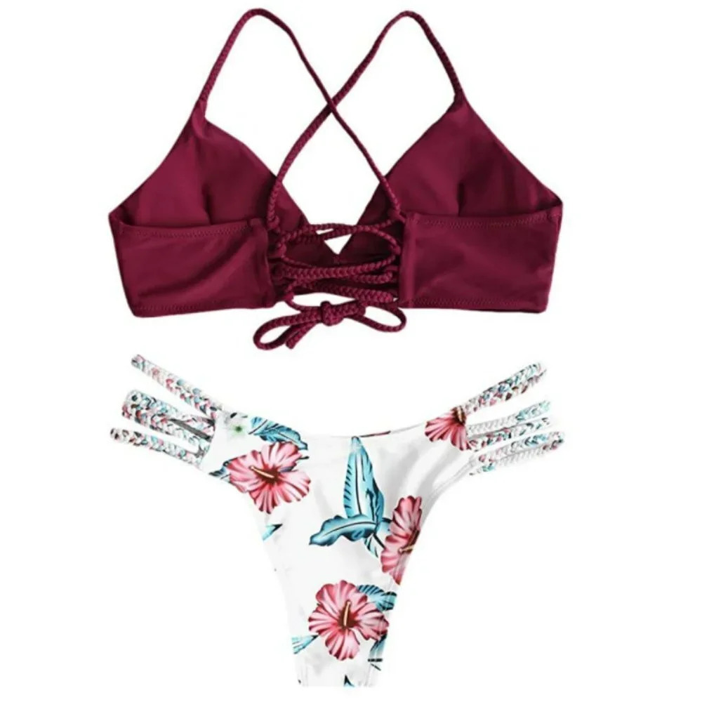 Zaful Burgundy Top & Floral Print Bottom Bikini - Picture 3 of 5